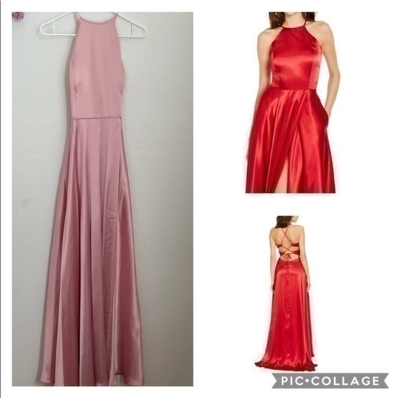 Blondie Nites Halter Neck Lace-Up Back Side Slit Satin Long Dress - Picture 3 of 11
